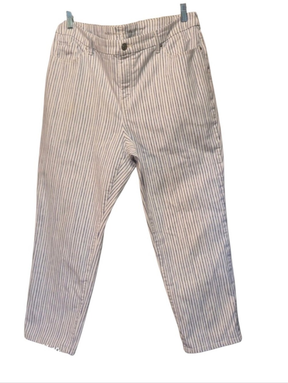 Chico's White Jeans with Navy Pinstripes Ankle Crop